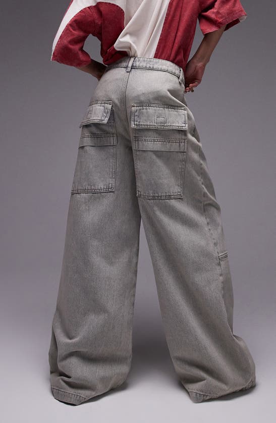 Shop Topshop Marbled Oversize Wide Leg Cargo Jeans In Grey