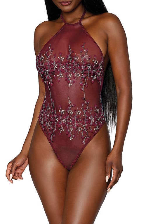 Dreamgirl Floral Embroidered Mesh Teddy in Burgundy