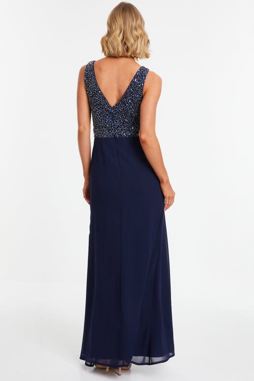 Quiz Chiffon Embellished Wrap Split Evening Dress In Blue