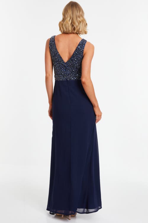 Shop Quiz Chiffon Embellished Wrap Split Evening Dress In Blue