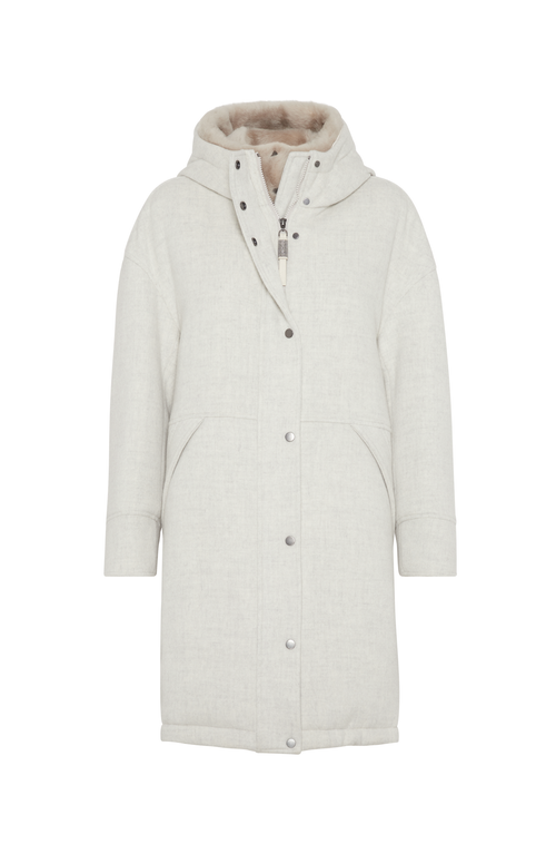 Shop Brunello Cucinelli Virgin Wool And Cashmere Double Cloth Down Parka With Detachable Shearling Insert In Light Grey