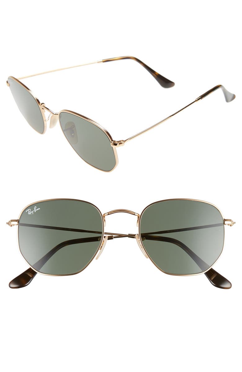  51mm Hexagonal Flat Lens Sunglasses, Main, color, METAL GOLD/ GREEN