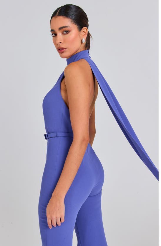 Shop Nadine Merabi Drape Halter Neck Wide Leg Jumpsuit In Purple