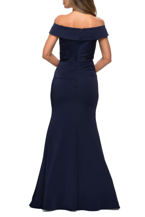 Shop La Femme Off The Shoulder Satin Evening Gown With Ruching In Navy