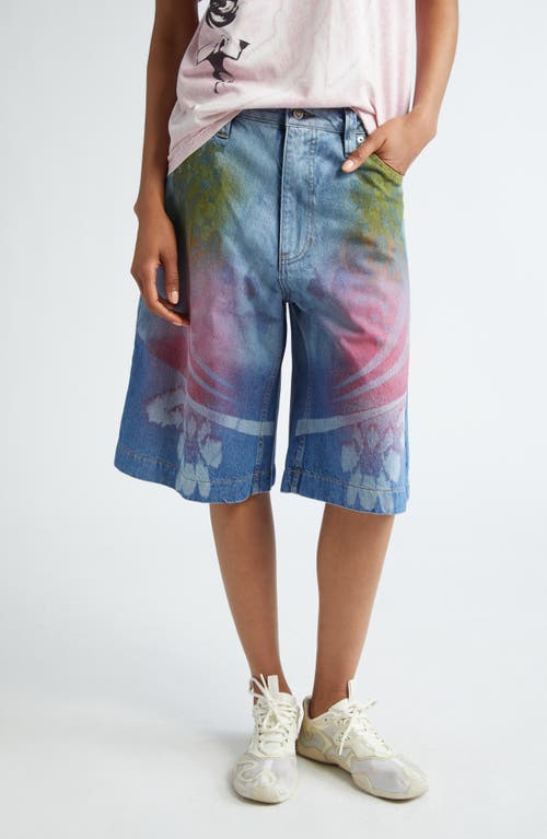 Printed Denim Bermuda Shorts in Blue Denim /Rainbow