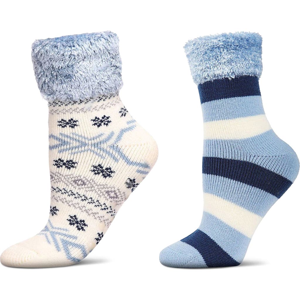 MeMoi Assorted 2-Pack Faux Fur Trim Nonslip Crew Socks in Blue