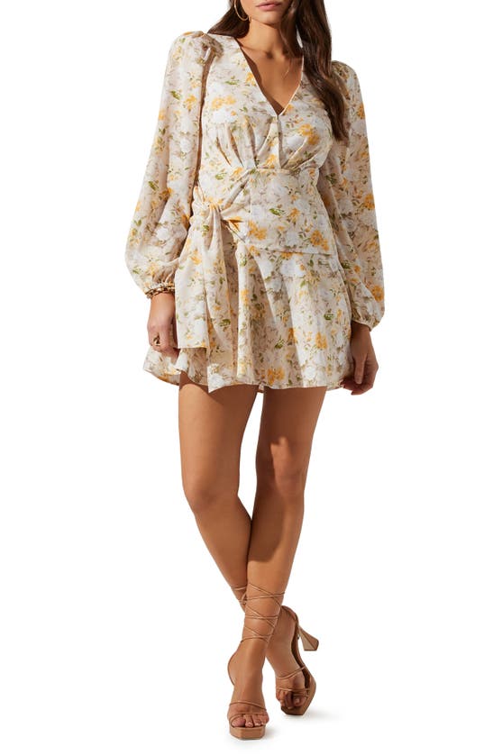 Shop Astr The Label Floral Print Side Tie Long Sleeve Minidress In Yellow Multi Floral