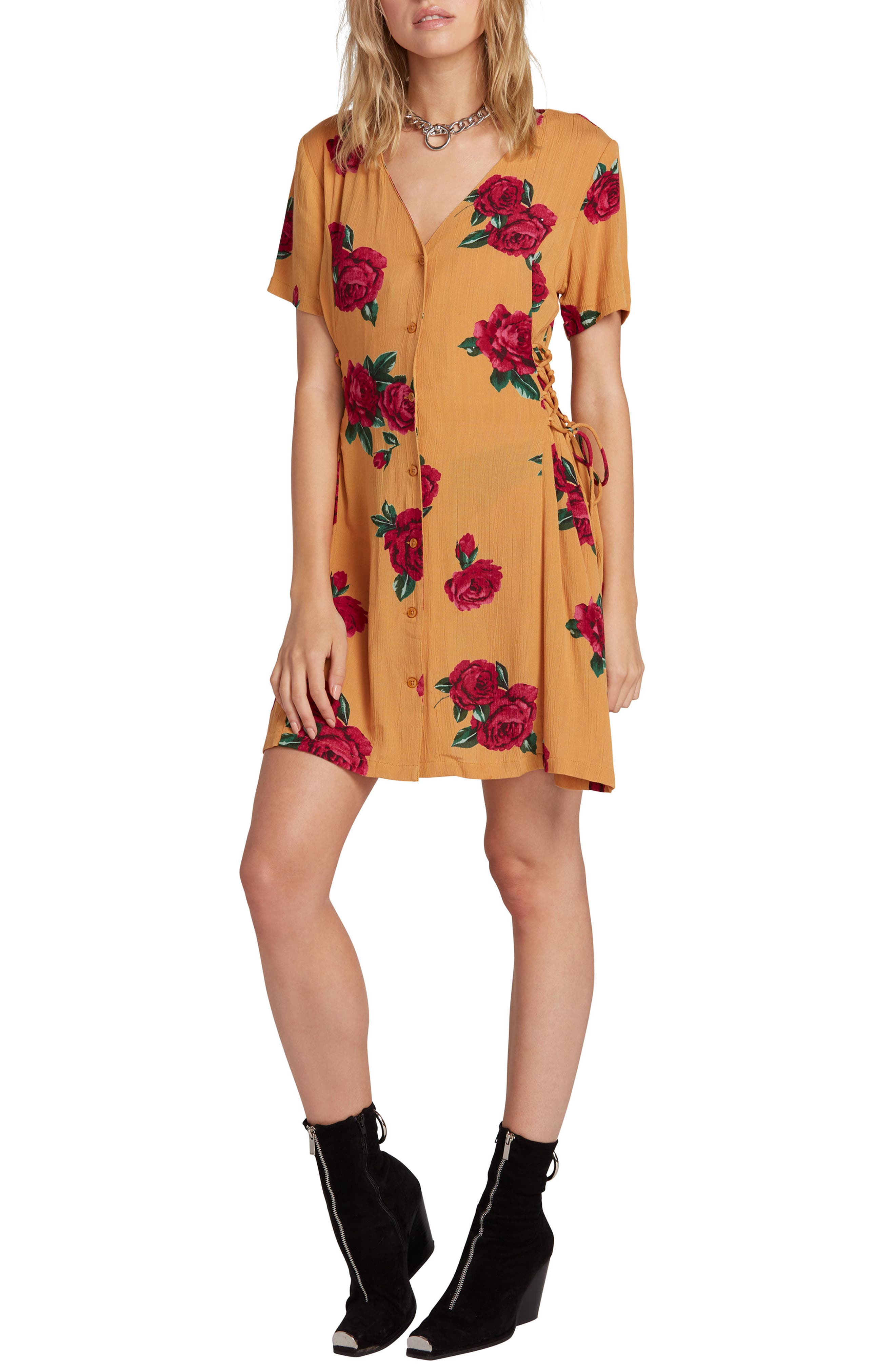 Volcom Runnin Late Side Tie Minidress, Yellow
