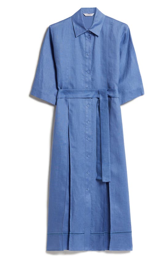 Shop Max Mara Nocino Belted Linen Shirtdress In Sky Blue