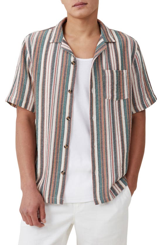 Shop Cotton On Palma Cotton Blend Camp Shirt In Pale Lime Multi Stripe