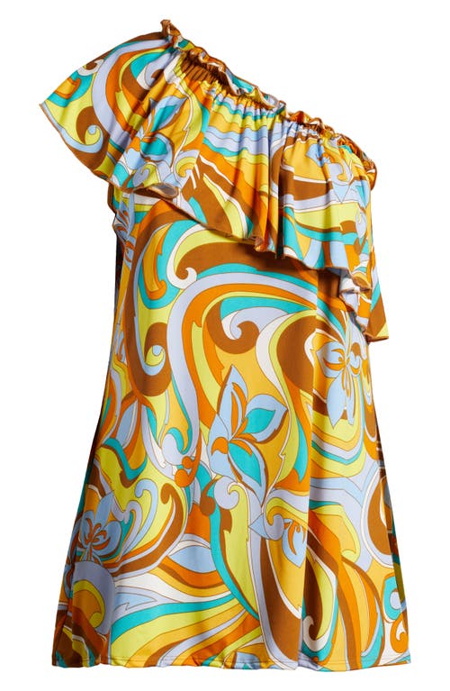 24seven Comfort Apparel Mod Floral Print One-shoulder Minidress In Yellow Multi