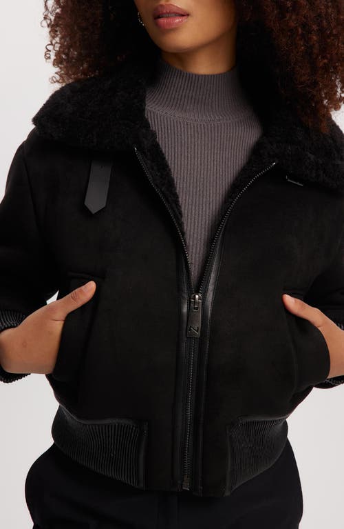 Noize Fannie Faux Fur Collar Faux Suede & Faux Leather Crop Bomber Jacket In Black