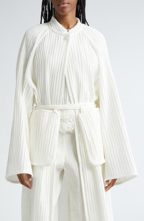 Belted Cotton Blend Plissé Duster in White Cotton Nylon Blend