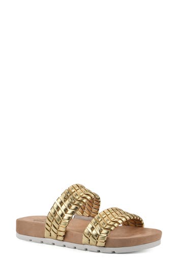 Shop Cliffs By White Mountain Tahnkful Weave Strap Sandal In Gold/metallic/smooth