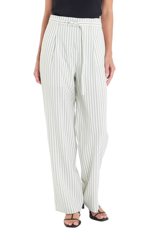 Shop English Factory Stripe Belted High Waist Pants In Off White/green