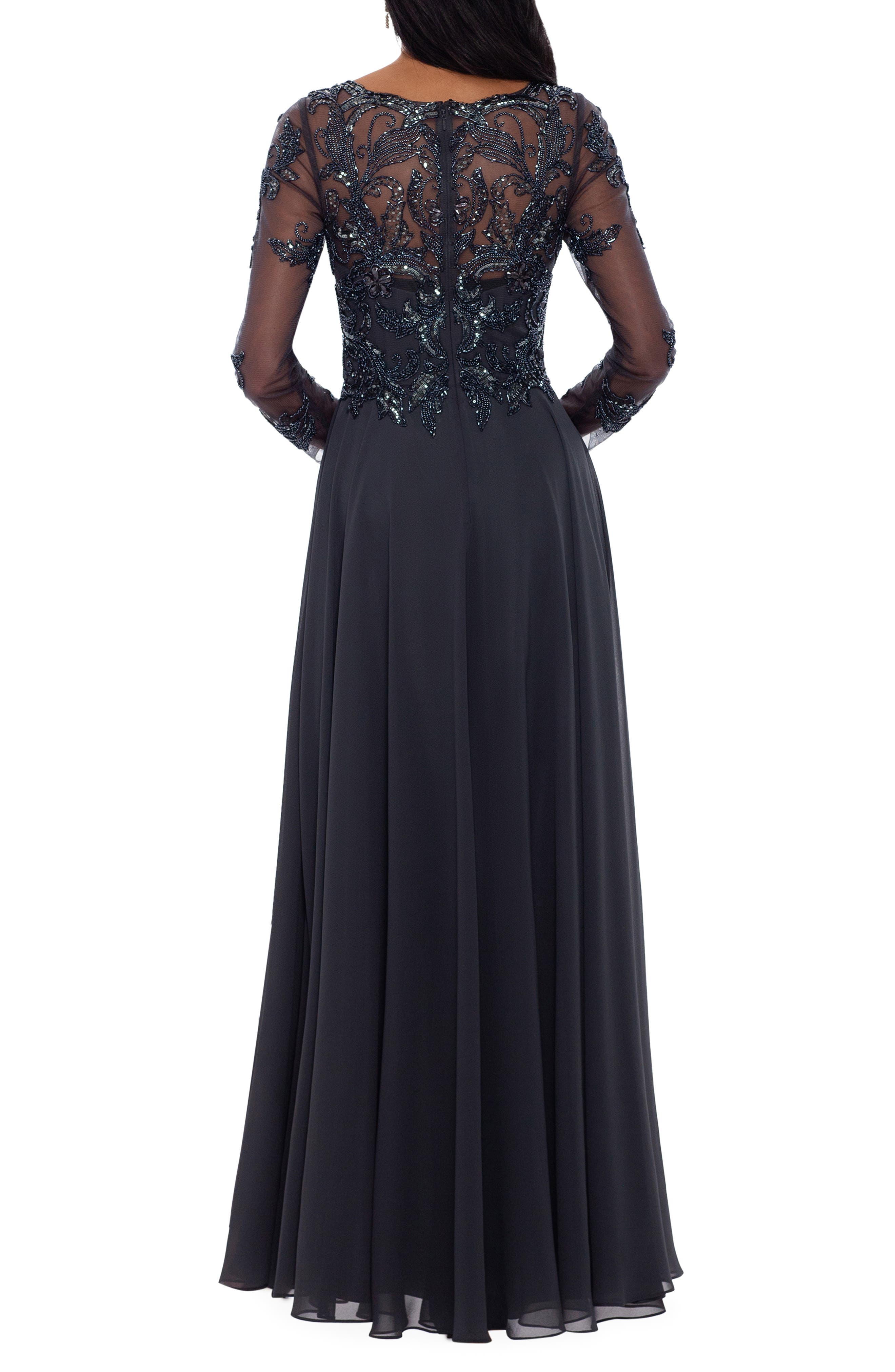 Xscape Long Sleeve Beaded Chiffon Gown 