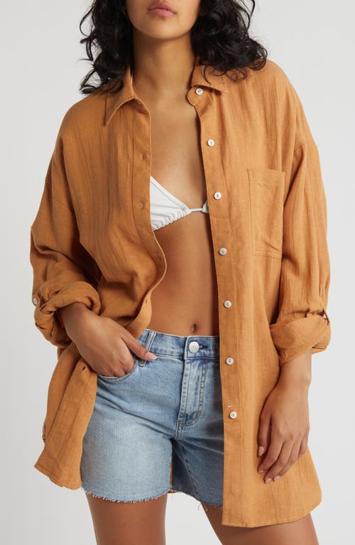 Premium Linen Button-Up Blouse in Toffee