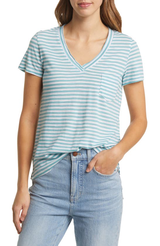 Caslon Short Sleeve V-neck T-shirt In Teal Nile- White Stripe