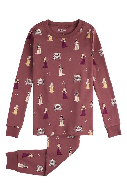 Petit Lem Kids' Princess Print Organic Cotton Fitted Two-Piece Pajamas in Plum 