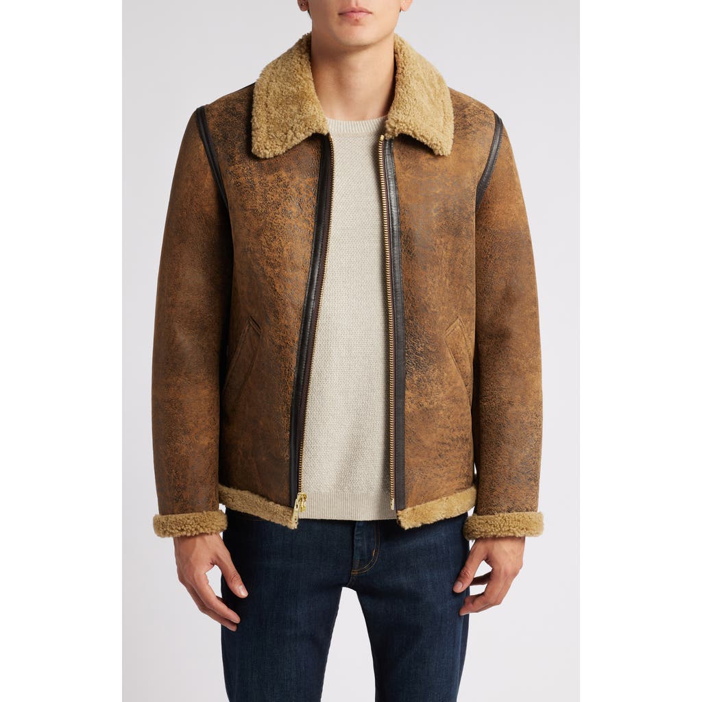 Schott NYC Genuine Shearling Collar Sheepskin Bomber Jacket in Brown