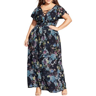 Plus Size City Chic Flutter Sleeve Floral Print Maxi Dress, Blue