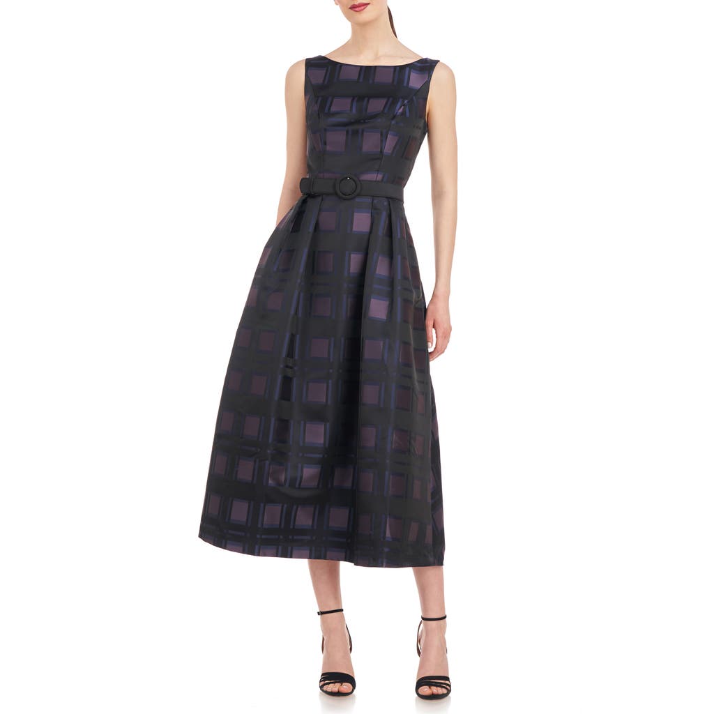 Kay Unger Isla Plaid Pleated Belted Cocktail Dress In Black/night Blue