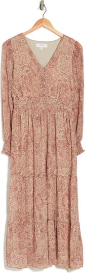 Lucky Brand Floral Print Long Sleeve Tiered Maxi Dress