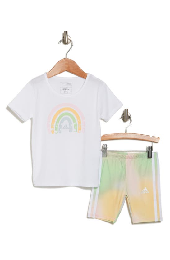 Adidas Originals Kids' Rainbow T-shirt & Bike Shorts Set In White