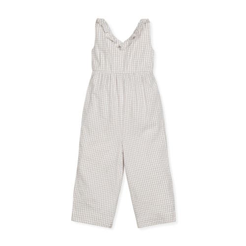 Hope & Henry Girls' Sleeveless Ruffle Neck Jumpsuit, Infant In Taupe Gingham Seersucker