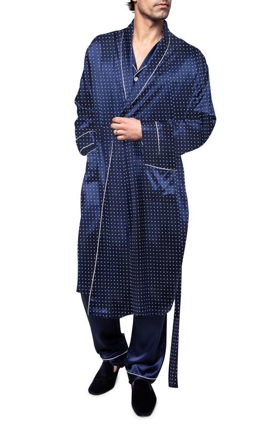 Petite Plume Men's Piped Silk Long Robe In Navy