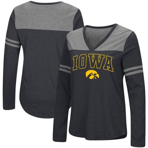 Women's Colosseum Black Iowa Hawkeyes Core Heritage Arch Logo V-Neck Long Sleeve T-Shirt