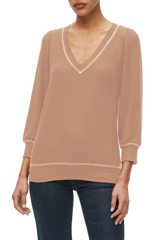 Michael Stars Gabriella Sparkle Trim V-neck Knit Top In Camel