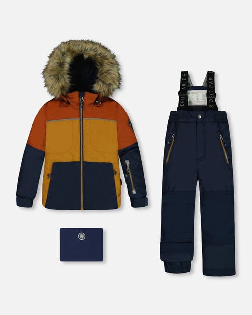 Shop Deux Par Deux Boy's Two Piece Snowsuit Colorblock Burnt Orange, Brown And Navy In Dress Blue