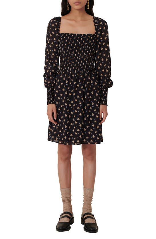 Maje Floral Long Sleeve Smocked Dress In Multicolor