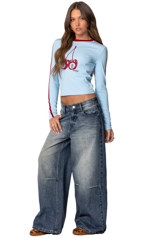 Shop Edikted Skater Low Rise Nonstretch Wide Leg Jeans In Blue-washed