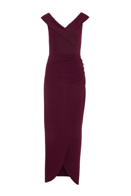 Shop Quiz Scuba Crepe Wrap Bardot Maxi Dress In Plum