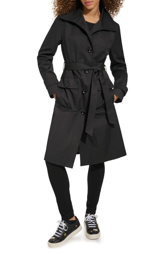 Shop Karl Lagerfeld Wing Collar Belted Single Breasted Trench Coat In Black