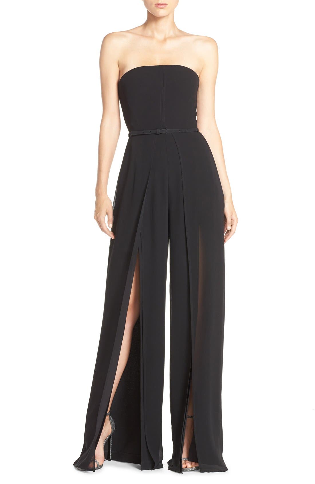 halston heritage chiffon overlay strapless jumpsuit