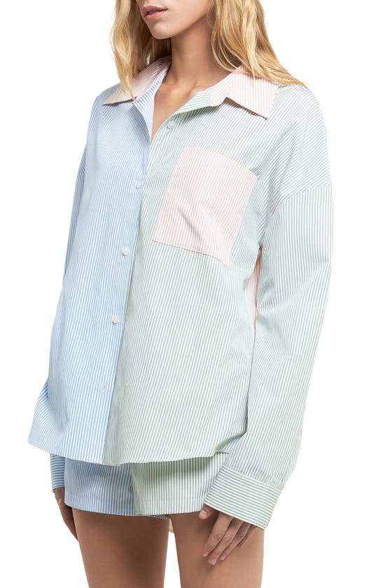 Shop English Factory Colorblock Stripe Cotton Blend Button-up Shirt In Multi Blue