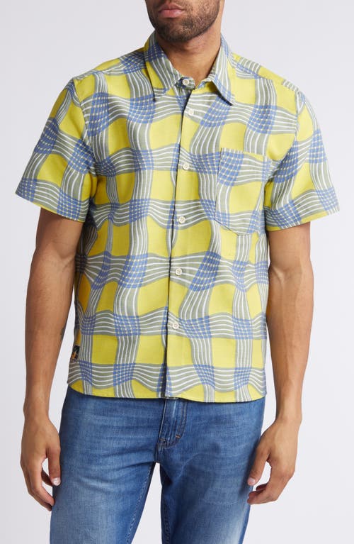 Sunshine Twister Warped Check Short Sleeve Cotton & Silk Button-Up Shirt in Yellow