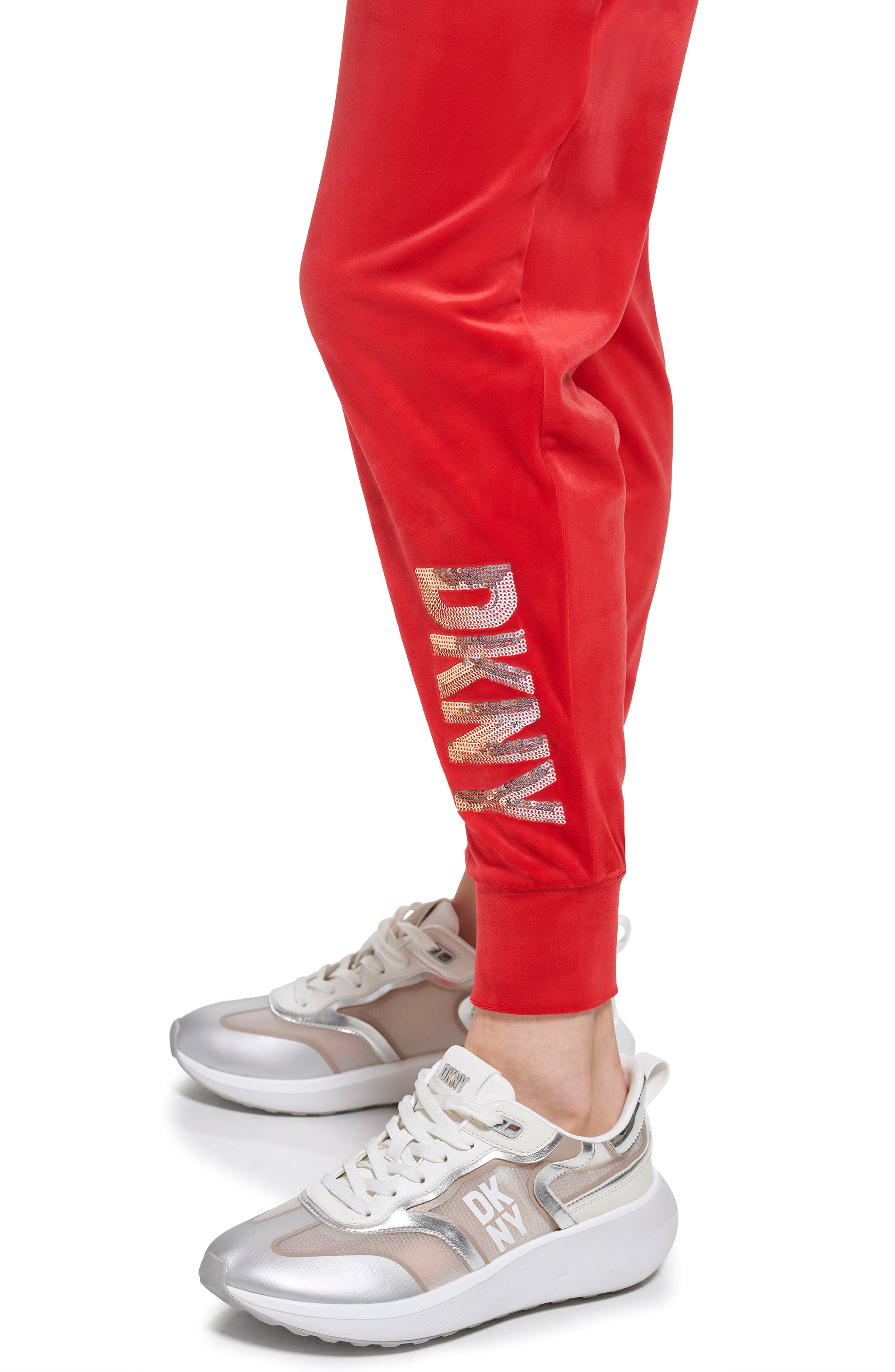 DKNY Sequin Logo Velour Joggers in Scarlet/Gold Ombre