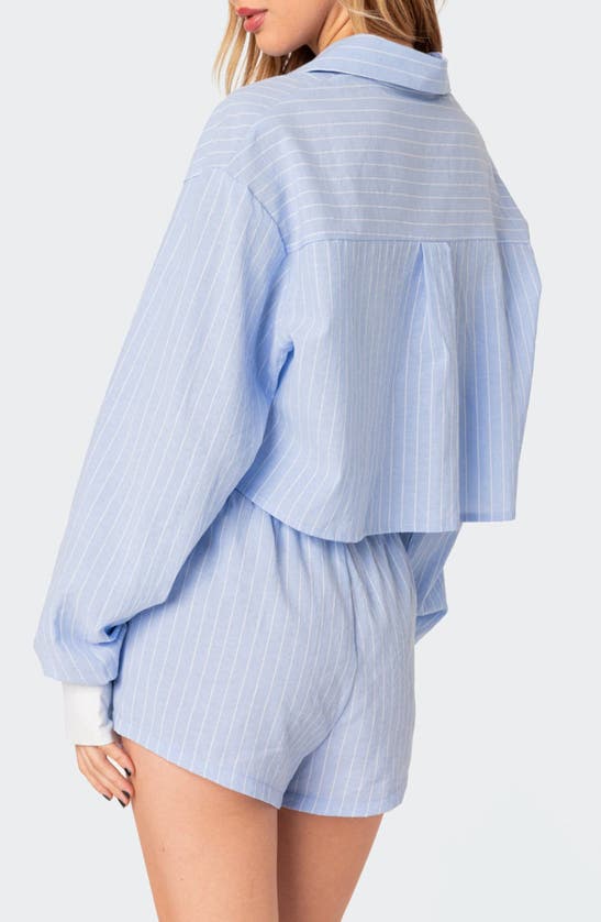 Shop Edikted Lea Stripe Crop Button-up Shirt In Light-blue