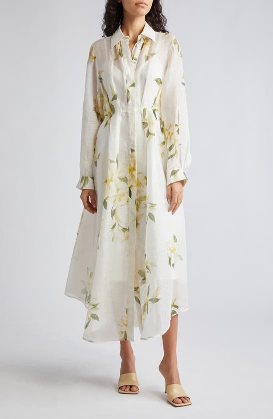 Shop Zimmermann Harmony Floral Print Pleated Long Sleeve Linen & Silk Shirtdress In Ivory Magnolia