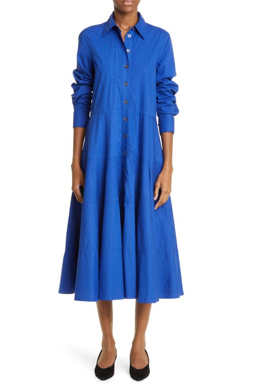 Tiered Long Sleeve Cotton Shirtdress in 431 Azure