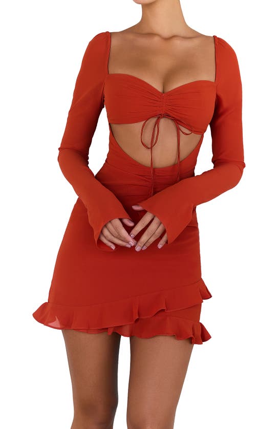 Shop Mistress Rocks Lace-up Cutout Long Sleeve Cocktail Minidress In Amber