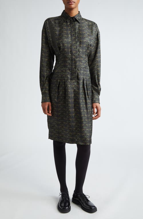 Max Mara Panfilo Print Long Sleeve Silk Twill Shirtdress In Dark Green