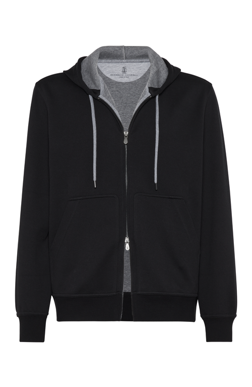 Shop Brunello Cucinelli Cotton, Cashmere And Silk French Terry Double Cloth Hooded Sweatshirt With Zipper In Black