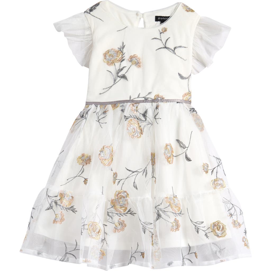 ZUNIE ZUNIE KIDS' FLUTTER SLEEVE FLORAL EMBROIDERED PARTY DRESS