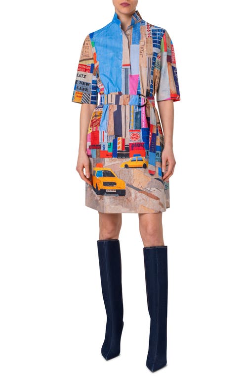 NYC Paper Collage Print Belted Cotton Poplin Shirtdress in Blue Multi