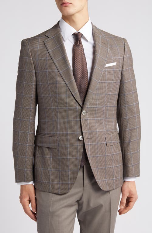 BOSS Hutson Windowpane Check Wool Sport Coat Open Brown at Nordstrom,